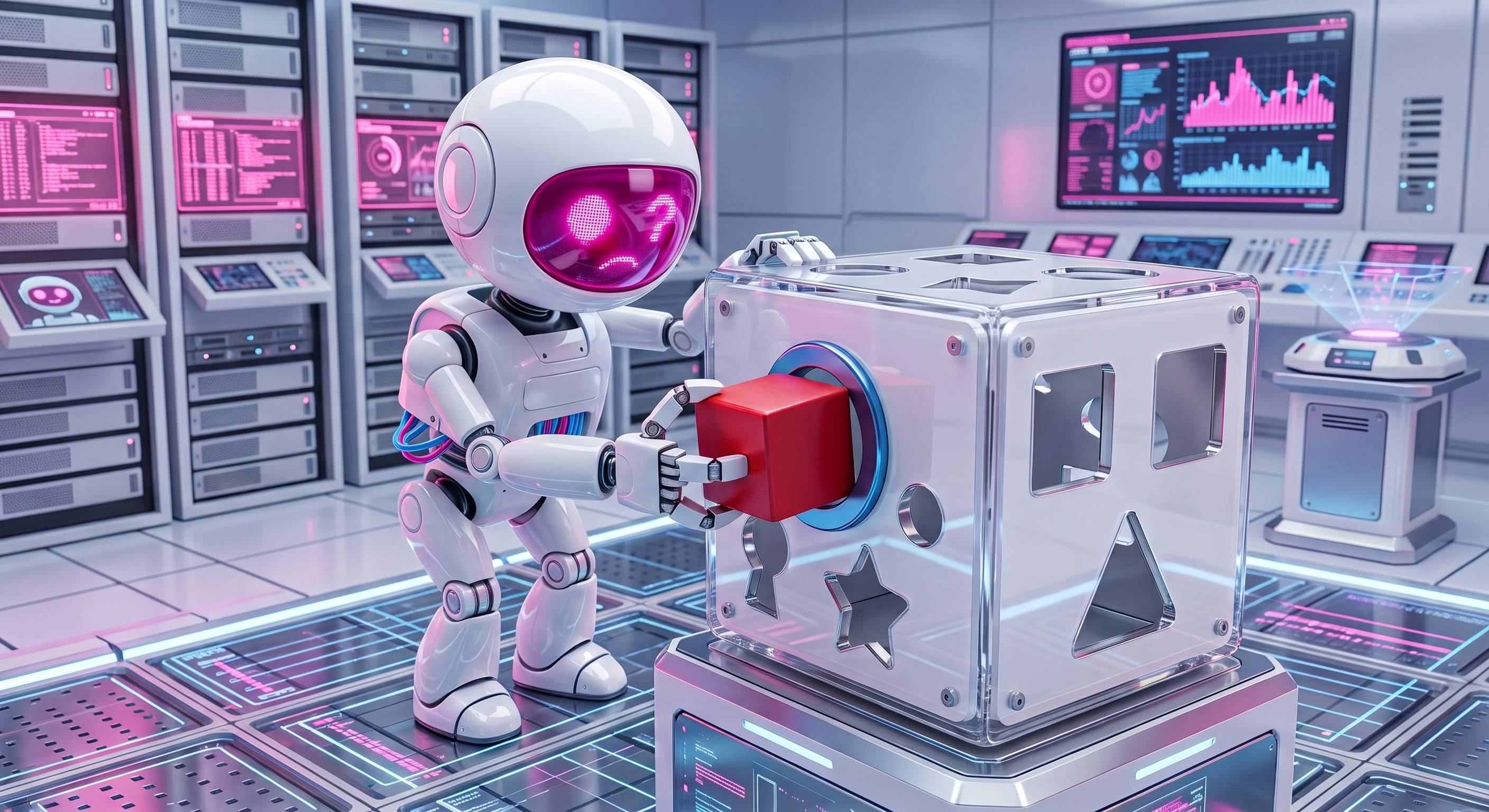 A robot tries to fit a square red peg into a round opening, representing the difficulty of adapting text-generating models into bounded classifiers.